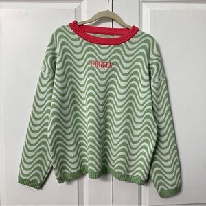 Ragged Priest Radio Knit Green Pink Funky Wave Pattern Sweater